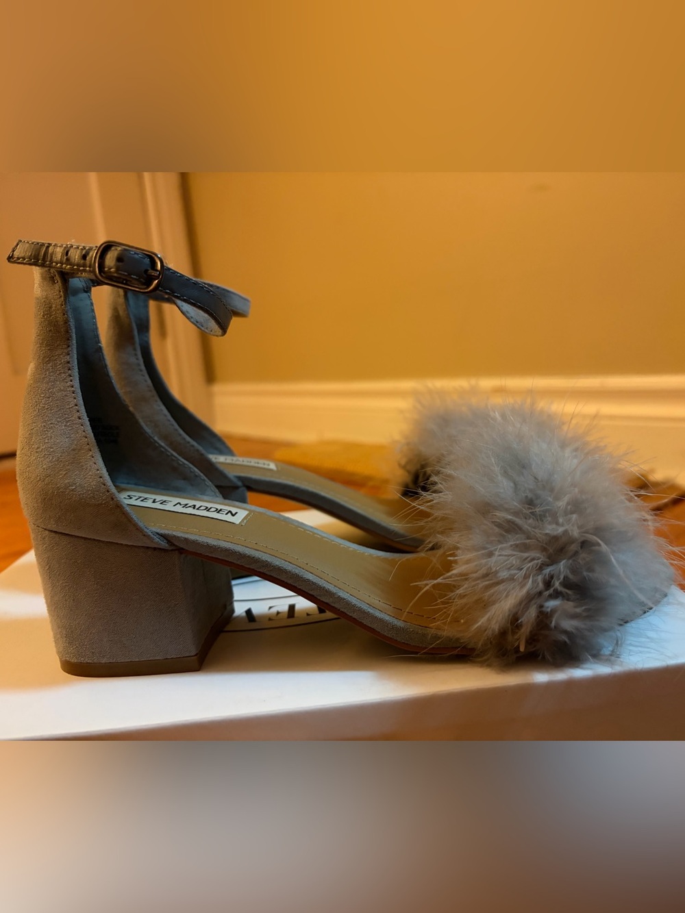 Steve Madden Grey Suede Block Heel Sandals with Feather Accent